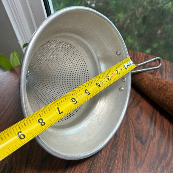 Vintage Aluminum Cone Strainer with Wooden Pestle | Farmhouse Kitchen Décor - Picture 10 of 13